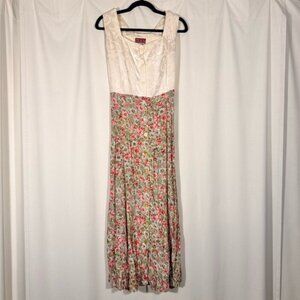 Vintage MZD Floral Button Front Maxi Dress with Cream Brocade Bodice